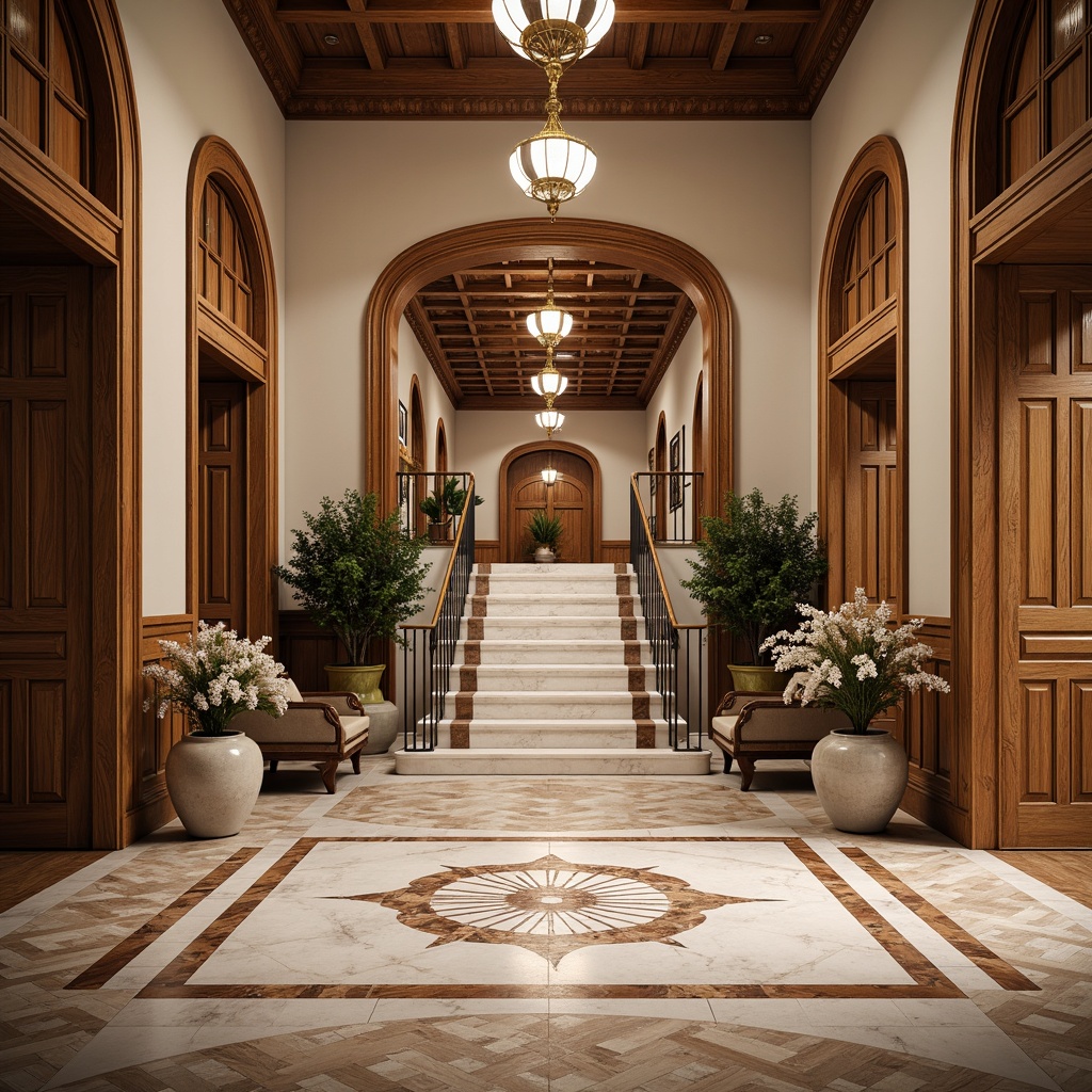 Prompt: Marble floors, ornate inlays, polished wood panels, herringbone patterns, elegant staircases, grand entrance halls, stately columns, archways, vaulted ceilings, classical moldings, intricate carvings, sophisticated color schemes, luxurious textiles, soft warm lighting, shallow depth of field, 3/4 composition, panoramic view, realistic textures, ambient occlusion.