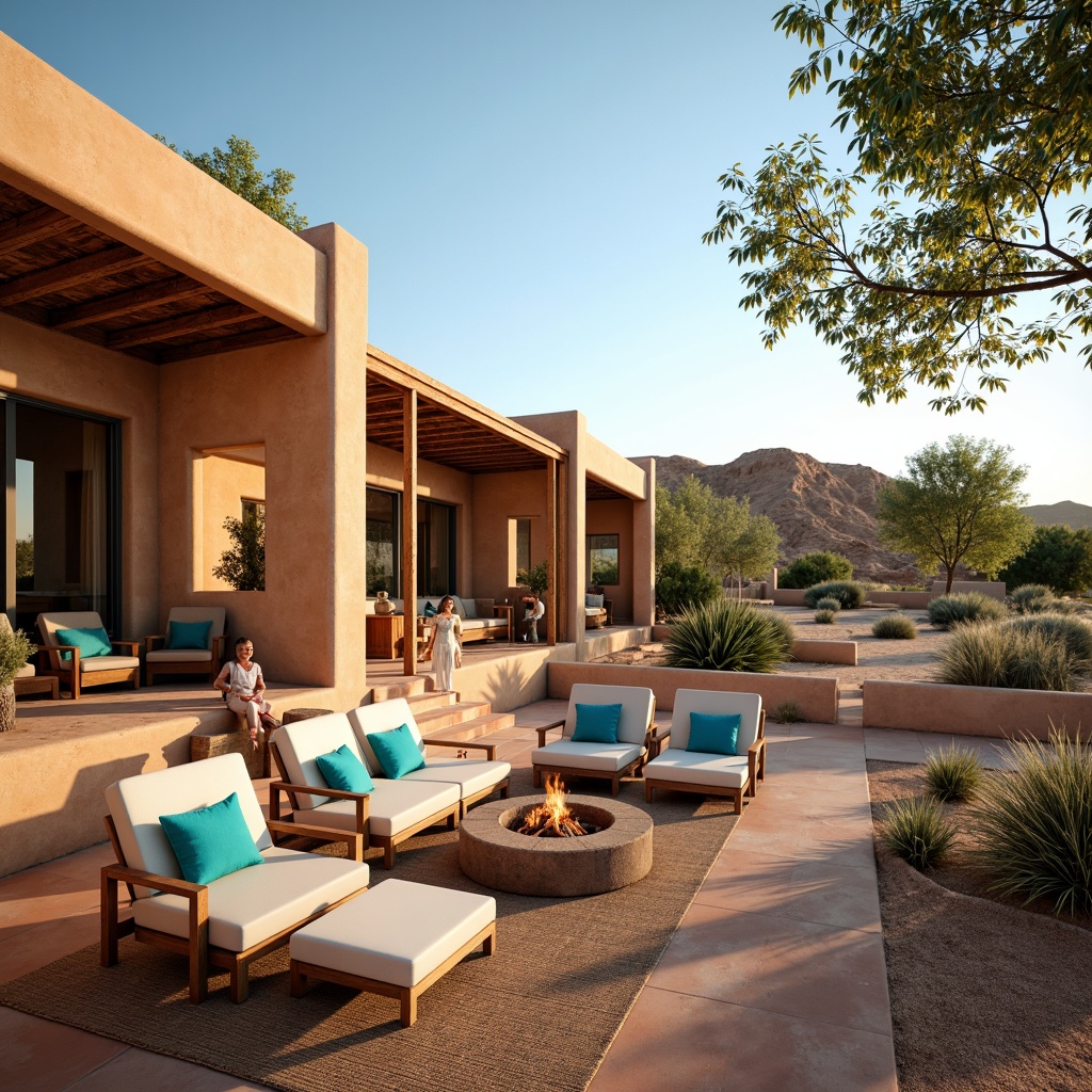 Prompt: Southwestern adobe architecture, warm wooden accents, rustic wooden beams, natural stone walls, earthy terracotta floors, vibrant turquoise accents, woven textiles, desert botanicals, cactus plants, sandy dunes, hot sunny day, clear blue sky, vast open space, modern southwestern furniture, plush comfortable seating, cozy fire pit, ambient warm lighting, shallow depth of field, 3/4 composition, panoramic view, realistic textures, ambient occlusion.