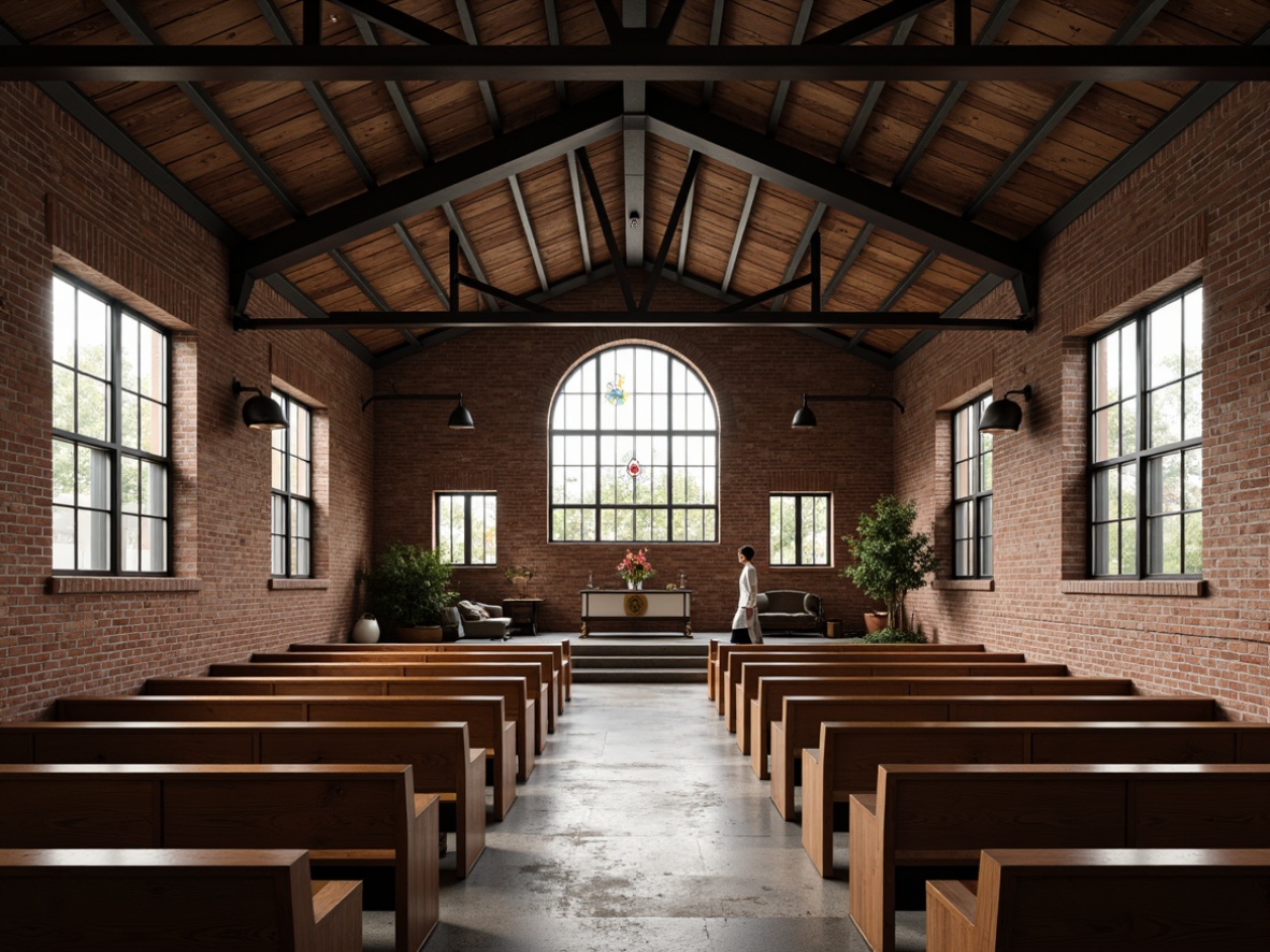 Prompt: Industrial chapel, exposed brick walls, metallic beams, reclaimed wood accents, minimalist pews, modern stained glass windows, abstract spiritual symbols, natural stone floors, brutalist architecture, high ceilings, dramatic verticality, warm ambient lighting, soft focus, shallow depth of field, 1/2 composition, symmetrical framing, rich textures, subtle color palette, contemplative atmosphere.