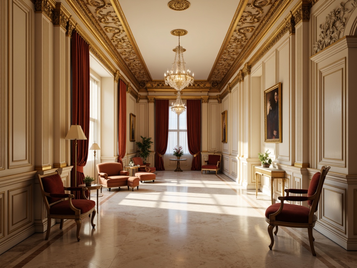 Prompt: Elegant neoclassical interior, ornate moldings, intricate carvings, rich wood tones, polished marble floors, crystal chandeliers, soft cream walls, velvet upholstery, gilded accents, luxurious fabrics, subtle patterns, symmetrical composition, warm golden lighting, shallow depth of field, 1/1 ratio, realistic textures, ambient occlusion.