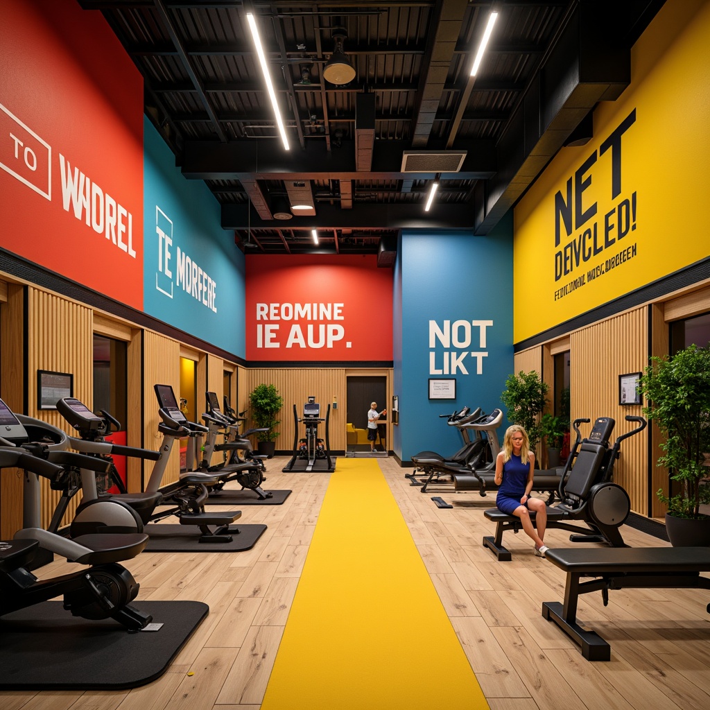 Prompt: Vibrant fitness studio, energetic color scheme, bold accent walls, motivational quotes, modern equipment, sleek flooring, natural wood accents, refreshing greenery, uplifting lighting, warm atmosphere, 1/1 composition, shallow depth of field, realistic textures, ambient occlusion.