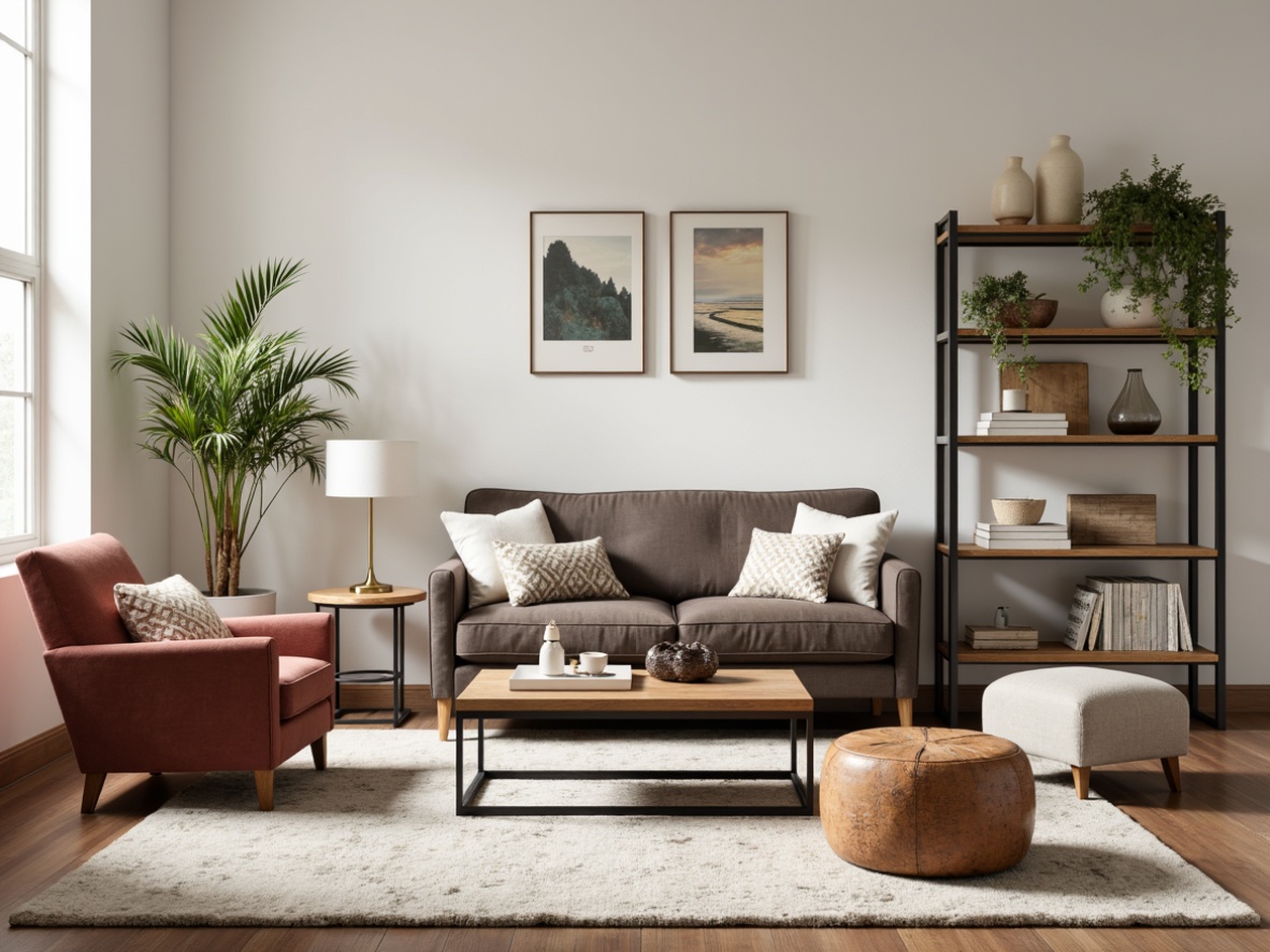 Prompt: Mid-century modern armchairs, velvet sofas, industrial metal coffee tables, reclaimed wood shelves, minimalist desks, ergonomic office chairs, plush area rugs, geometric patterned throw pillows, brass accents, warm ambient lighting, soft pastel colors, natural textiles, Scandinavian-inspired decor, functional storage units, distressed leather ottomans.