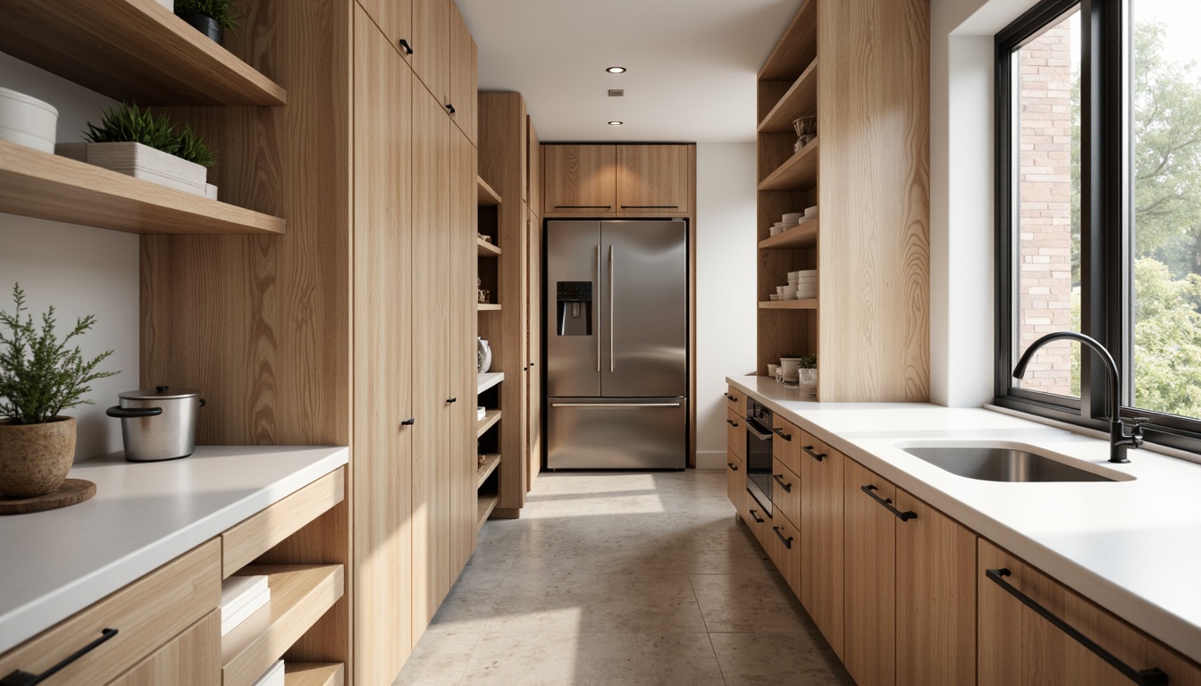 Prompt: Modern Scandinavian pantry, light wood tones, sleek minimalism, ample storage spaces, pull-out shelves, soft-close drawers, matte white countertops, stainless steel appliances, LED lighting, natural stone flooring, earthy color palette, airy openness, shallow depth of field, 3/4 composition, realistic textures, ambient occlusion.