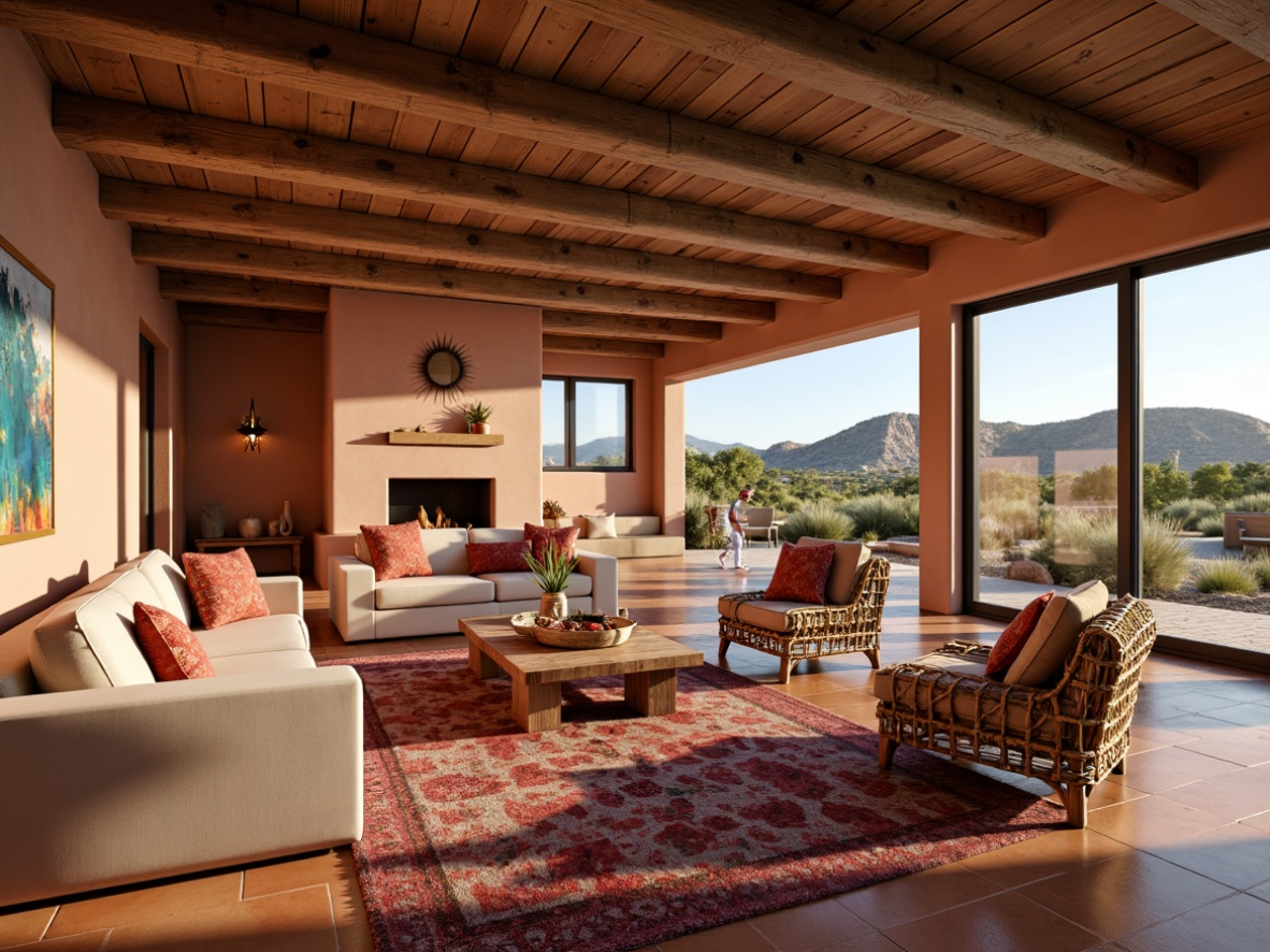 Prompt: Southwestern great room, open floor plan, high ceilings, exposed wooden beams, earthy color palette, terracotta flooring, plush area rugs, comfortable sofas, rustic wooden coffee tables, vibrant colorful throw pillows, natural stone fireplace, large windows, sliding glass doors, panoramic desert views, warm sunny day, soft diffused lighting, shallow depth of field, 1/1 composition, realistic textures, ambient occlusion.