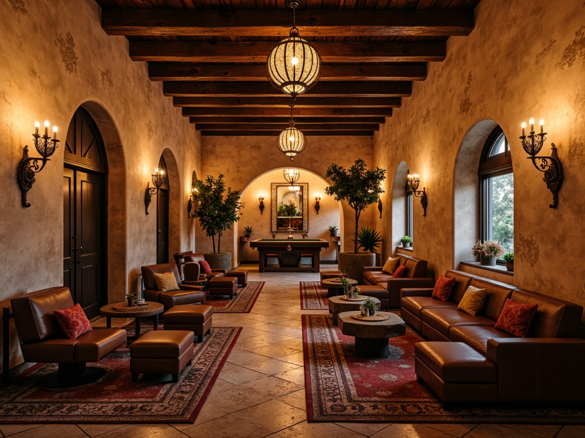 Prompt: Mediterranean-style game room, warm ambient lighting, rustic wooden beams, distressed stone walls, earthy color palette, pendant lanterns with ornate metalwork, candle-inspired chandeliers, vintage Moroccan tiles, cozy seating areas, rich leather upholstery, brass accents, natural fiber rugs, wrought iron fixtures, soft warm glow, intimate atmosphere, relaxed vibes, 3/4 composition, shallow depth of field, realistic textures, ambient occlusion.