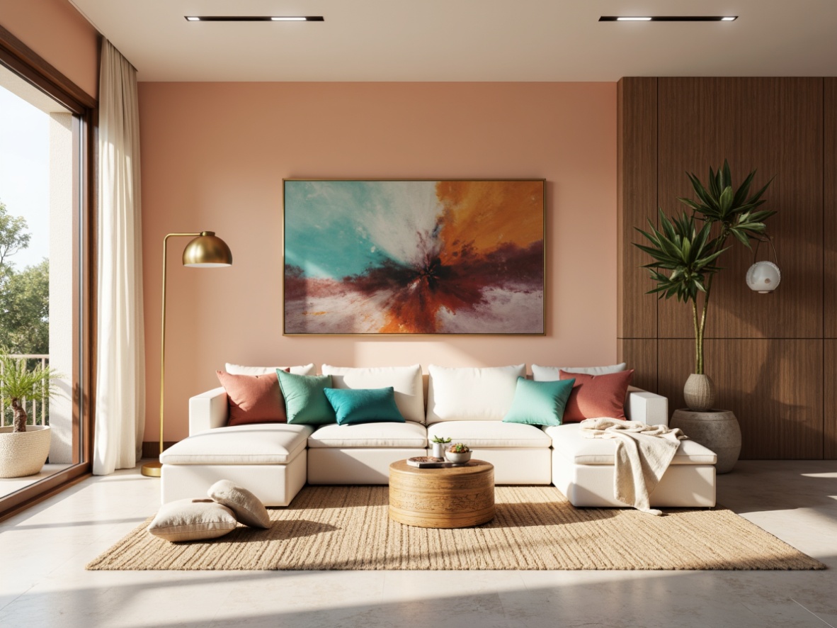 Prompt: Soft peach tones, creamy whites, warm beige, rich turquoise, deep plum accents, natural wood textures, earthy terracotta, gentle mint hues, soft gold metallic, elegant typography, luxurious fabrics, subtle gradient effects, atmospheric lighting, 1/1 composition, realistic renderings, ambient occlusion.