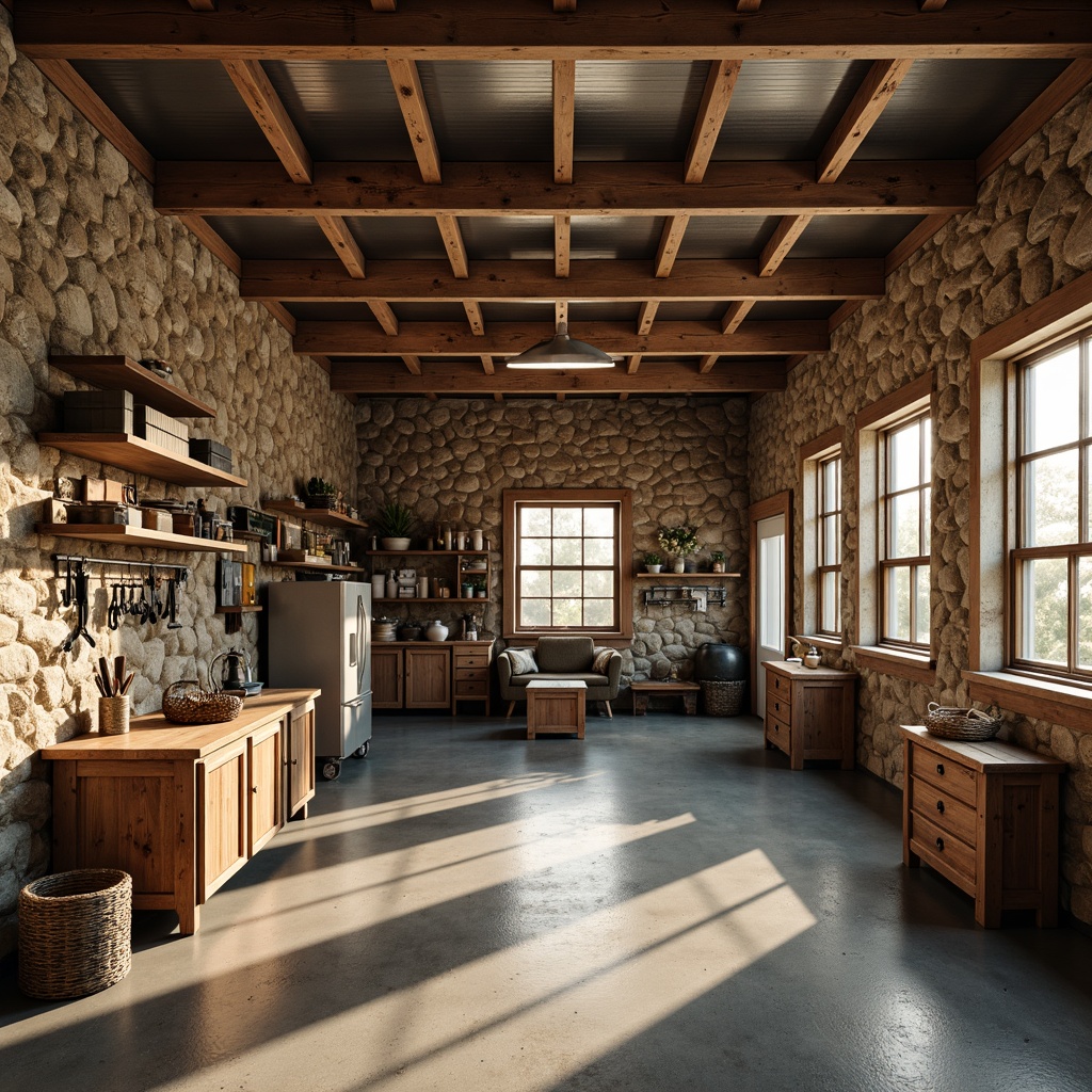 Prompt: Rustic family garage, traditional style, wooden accents, earthy tones, natural stone walls, metal roofing, vintage tools, storage cabinets, slatwall organizers, pegboards, hooks, baskets, shelving units, epoxy-coated floors, warm lighting, soft shadows, 1/1 composition, realistic textures, ambient occlusion.