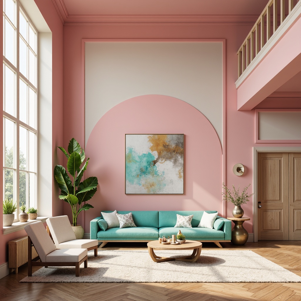 Prompt: \Vibrant color scheme, harmonious hues, pastel pink walls, creamy white accents, rich turquoise furniture, metallic gold decorations, natural wood textures, soft mint greenery, warm beige floors, ambient lighting, subtle gradient effects, 3D visualizations, futuristic aesthetic, high-tech materials, innovative color combinations, bold artistic expressions.\