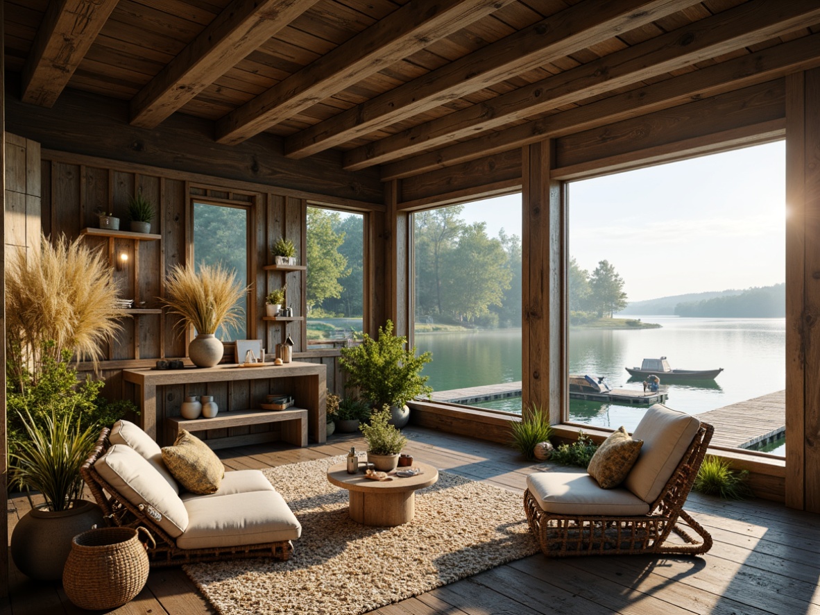 Prompt: Rustic boathouse, weathered wood accents, distressed finishes, earthy color palette, mossy greens, sandy neutrals, driftwood grays, lake-inspired blues, warm golden lighting, natural textiles, woven baskets, vintage nautical elements, wooden docks, water reflections, serene lake views, misty mornings, soft focus, shallow depth of field, 2/3 composition, realistic wood textures, ambient occlusion.