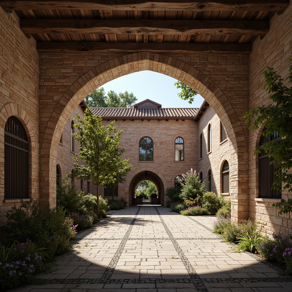 Prompt: Ancient monastery, weathered stone archways, rustic brick walls, ornate iron gates, tranquil cloisters, serene courtyard, lush greenery, vibrant flowers, ceramic tile roofs, wooden beams, vaulted ceilings, stained glass windows, warm earthy tones, soft natural lighting, 1/1 composition, intimate perspective, realistic textures, subtle ambient occlusion.