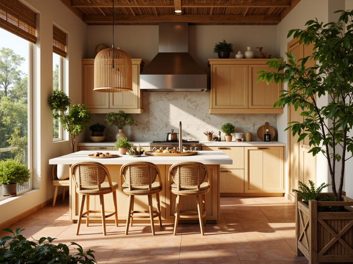 Prompt: Vibrant tropical kitchen, warm beige cabinets, polished chrome fixtures, creamy white countertops, woven rattan chairs, lush greenery, pendant lanterns, natural fiber shades, wooden island cart, terracotta flooring, sunny day, soft warm lighting, shallow depth of field, 3/4 composition, panoramic view, realistic textures, ambient occlusion.