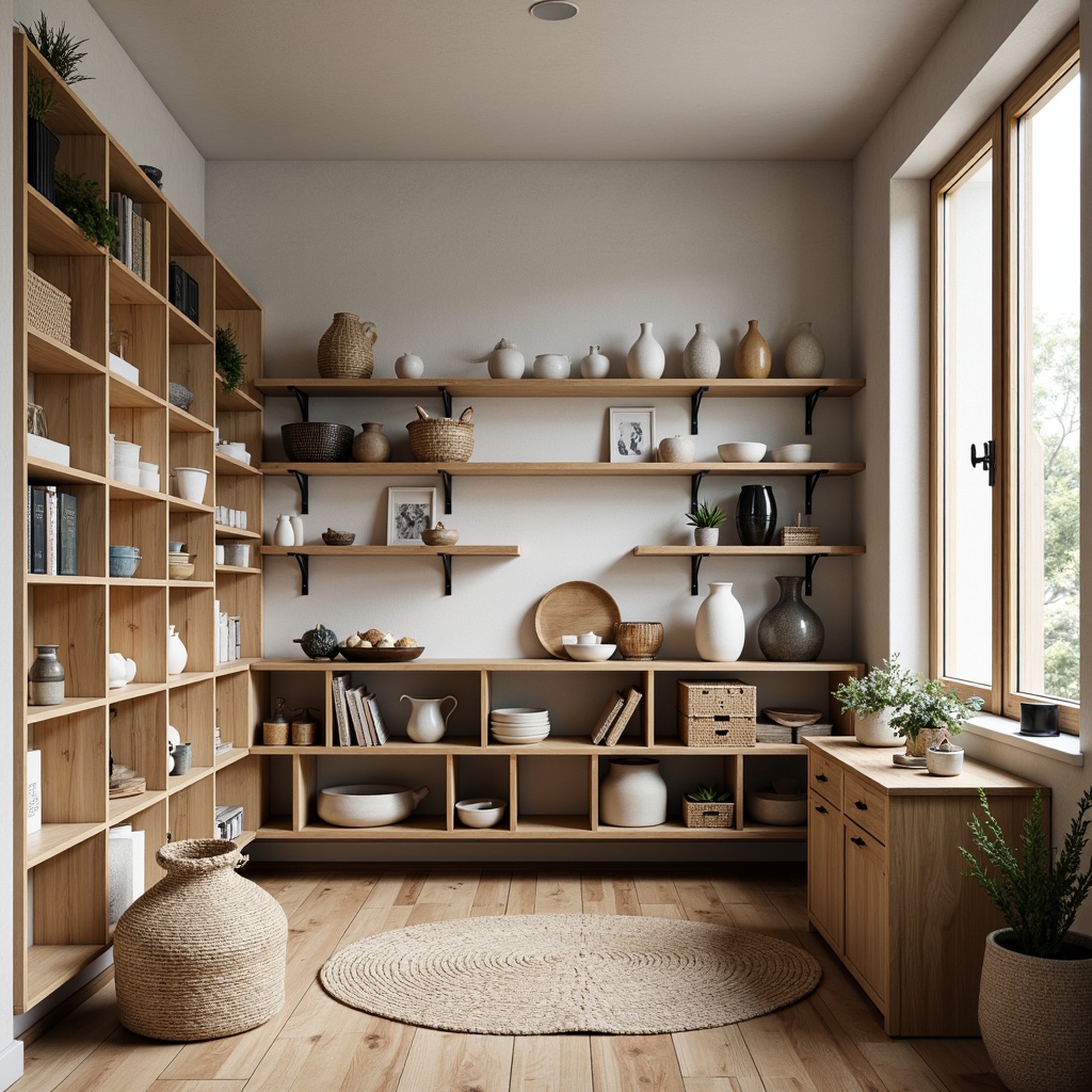 Prompt: Scandinavian pantry, minimalist decor, open shelving units, wooden crates, woven baskets, ceramic vases, natural textiles, earthy tones, light-filled space, large windows, rustic wood accents, industrial metal brackets, geometric patterns, monochromatic color scheme, warm ambient lighting, shallow depth of field, 1/2 composition, realistic textures, subtle reflections.