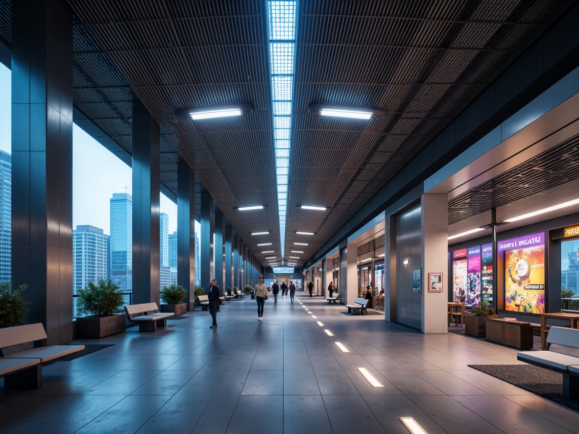 Prompt: Futuristic metro station interior, sleek modern architecture, stainless steel columns, polished concrete floors, vibrant LED lighting fixtures, geometric-patterned ceiling tiles, minimalist benches, urban cityscape views, rush hour atmosphere, soft warm glow, shallow depth of field, 1/1 composition, realistic textures, ambient occlusion, suspended linear light bars, circular pendant lamps, industrial-chic metal shades, colorful neon signs, dynamic digital displays.