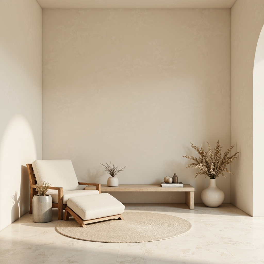 Prompt: Soft creamy walls, light beige floors, minimal decor, serene atmosphere, natural textiles, organic shapes, gentle curves, softbox lighting, warm neutral tones, calming color scheme, subtle patterns, minimalist furniture, peaceful ambiance, clear glass surfaces, sleek metal accents, modern simplicity, airy openness, shallow depth of field, 1/1 composition, realistic rendering.