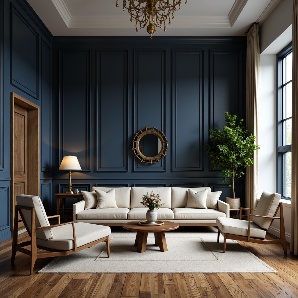 Prompt: Navy blue accent walls, rich wood flooring, cream-colored furniture, golden metallic decor, soft beige curtains, lush greenery, natural stone vases, elegant modern architecture, subtle gradient lighting, shallow depth of field, 1/2 composition, cinematic color grading, realistic textures, ambient occlusion.Let me know if you need any adjustments!