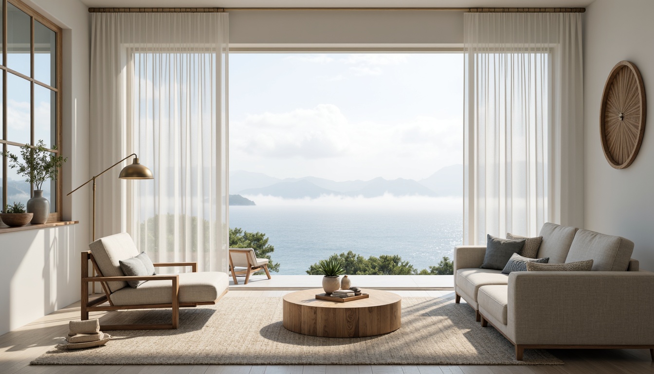 Prompt: Soft misty mornings, calming ocean views, gentle sea breeze, soothing blue hues, creamy whites, warm beige tones, pale lavender accents, subtle sage undertones, natural wood textures, woven fibers, plush area rugs, minimalist decor, floor-to-ceiling windows, sheer curtains, softbox lighting, shallow depth of field, 1/1 composition, peaceful ambiance.