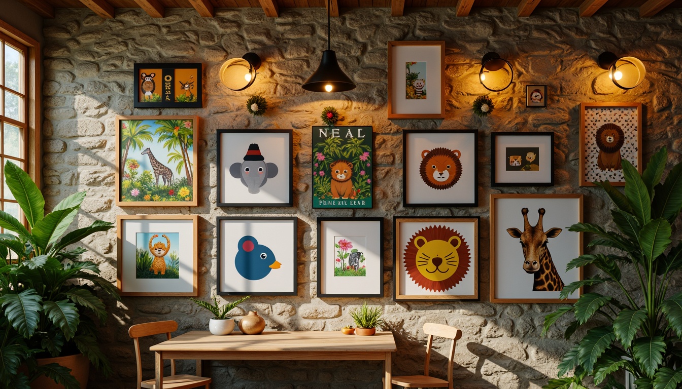 Prompt: Whimsical zoo-themed wall decor, playful monkey figurines, vibrant jungle greenery, wooden safari-inspired frames, colorful animal prints, fun giraffe patterns, lively lion illustrations, natural earthy tones, textured stone walls, eclectic gallery layout, warm golden lighting, shallow depth of field, 1/2 composition, realistic fur textures, ambient occlusion.