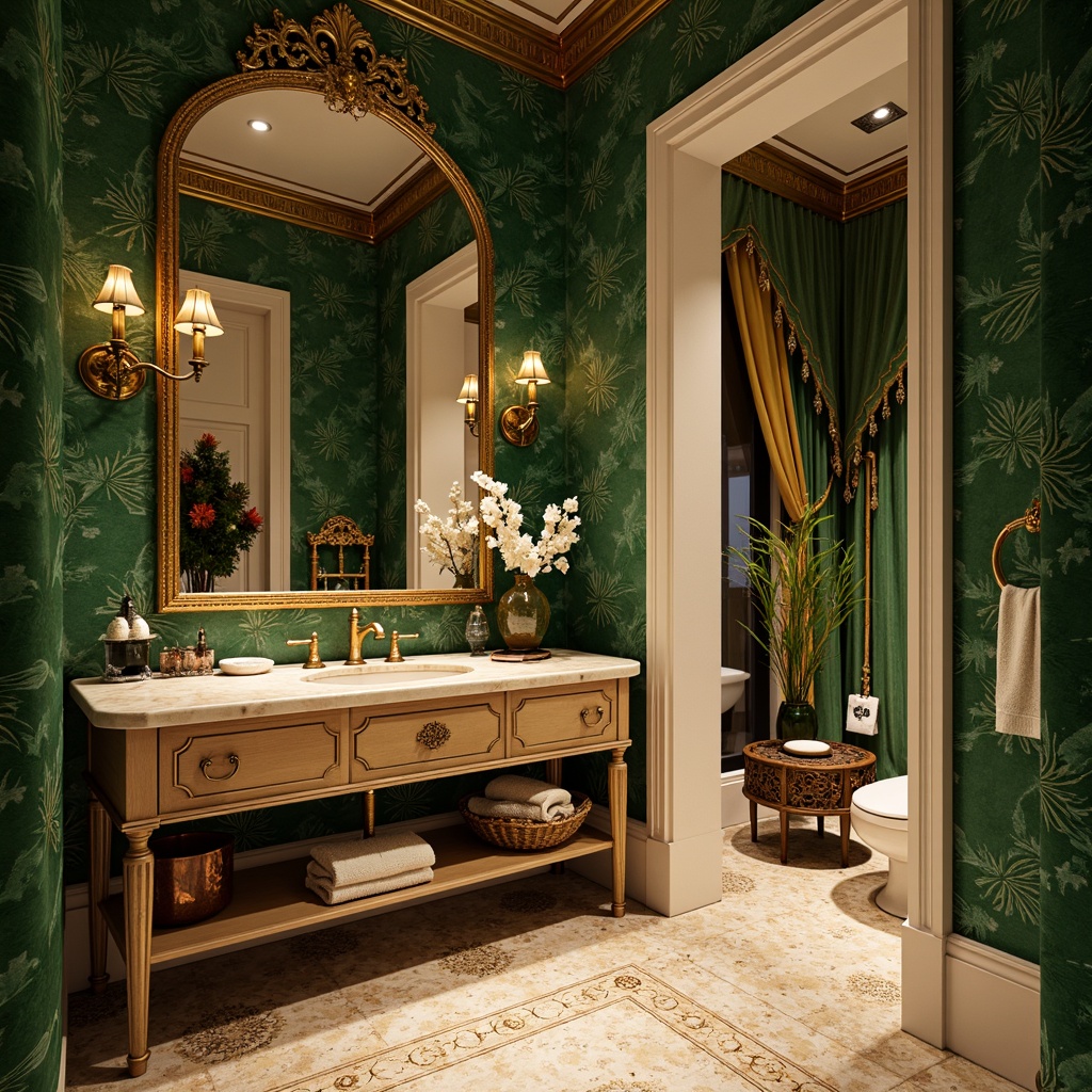 Prompt: Opulent powder room, rich velvety textures, soft golden lighting, ornate mirrors, antique furniture, lavish drapery, intricate patterns, floral motifs, curved lines, organic forms, sensual shapes, luxurious fabrics, jewel-toned colors, emerald green walls, creamy white accents, warm beige marble, polished bronze fixtures, delicate lace details, whimsical illustrations, romantic ambiance, dreamy atmosphere, soft focus, shallow depth of field, 1/2 composition.