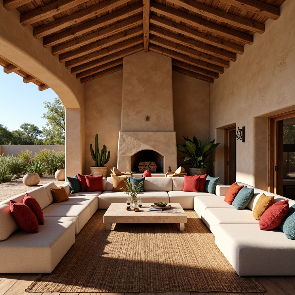 Prompt: Southwestern great room, open floor plan, high ceilings, exposed wooden beams, earthy tone walls, rustic stone fireplace, plush sectional sofas, vibrant colorful throw pillows, natural fiber rugs, woven baskets, cactus plants, warm sunny day, soft gentle lighting, shallow depth of field, 3/4 composition, panoramic view, realistic textures, ambient occlusion.