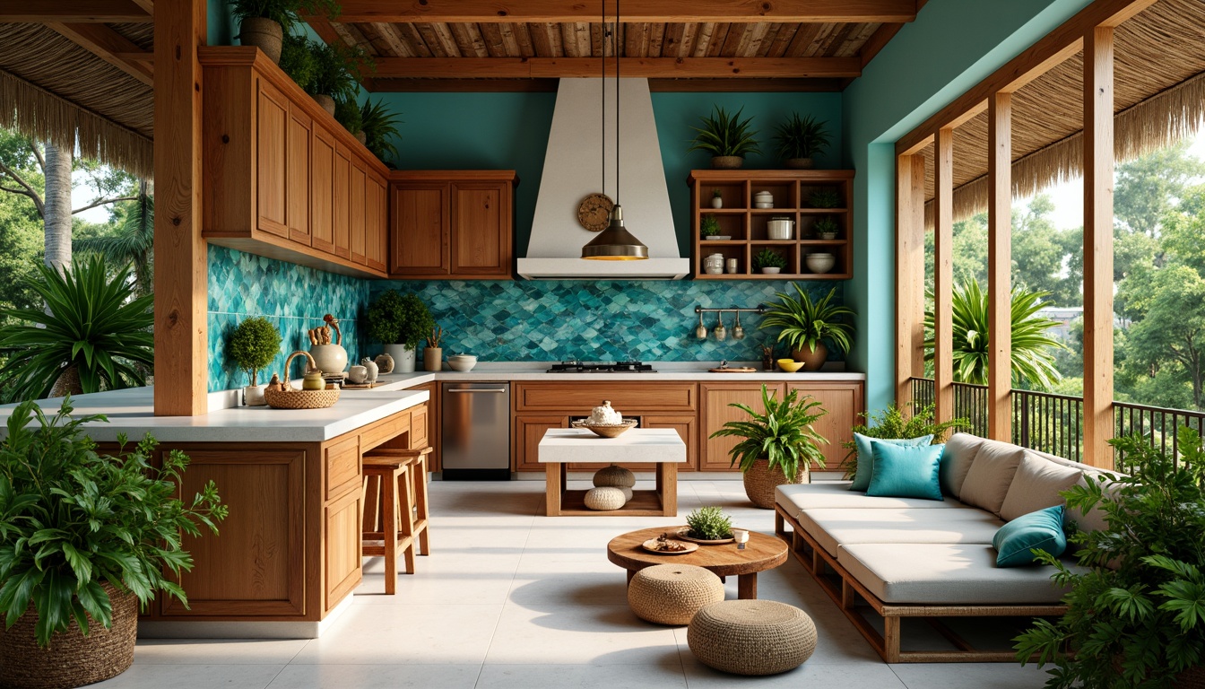 Prompt: Vibrant tropical kitchen, exotic island vibe, natural stone backsplash, glass tile mosaics, ocean-inspired colors, turquoise accents, coral patterns, lush greenery, wooden cabinetry, rattan furniture, pendant lighting, warm ambient glow, shallow depth of field, 1/1 composition, realistic textures, soft focus, sunny day, subtle shadows.