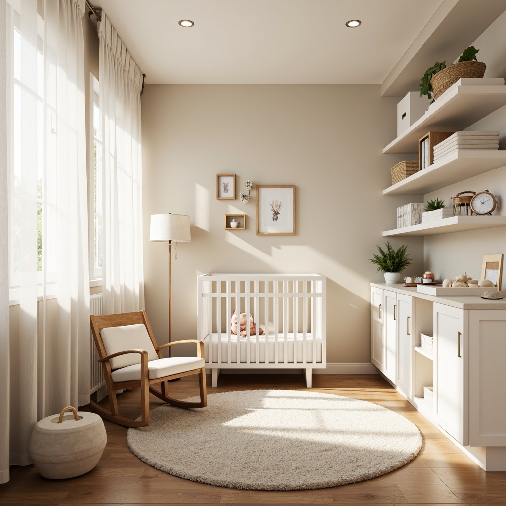 Prompt: Simple baby crib, white wood tones, soft pastel colors, minimal decor, airy space, natural light, floor-to-ceiling windows, sheer curtains, wooden flooring, plush area rug, modern rocking chair, sleek changing table, compact storage units, built-in shelves, calming atmosphere, warm beige walls, creamy accents, subtle textures, 1/2 composition, softbox lighting, shallow depth of field, realistic reflections.