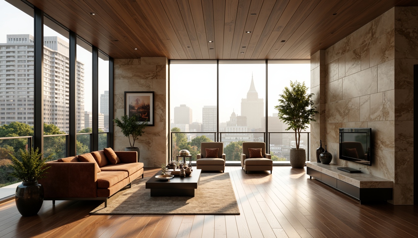 Prompt: Luxurious living room, high-gloss wood flooring, polished marble countertops, matte black metal accents, soft velvet upholstery, natural stone feature walls, minimalist decor, floor-to-ceiling windows, urban cityscape views, warm golden lighting, shallow depth of field, 1/1 composition, realistic textures, ambient occlusion.