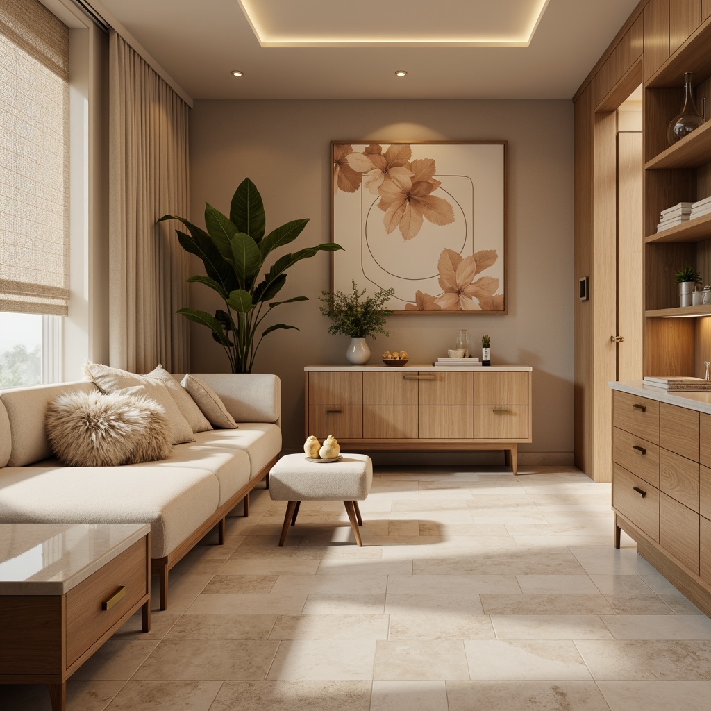 Prompt: Soft, calming atmosphere, warm beige walls, rich wood accents, plush velvet furniture, pastel-hued decorative accessories, natural stone flooring, subtle texture variations, elegant gold hardware, creamy white marble countertops, ambient warm lighting, shallow depth of field, 1/2 composition, realistic reflections, soft focus effect.