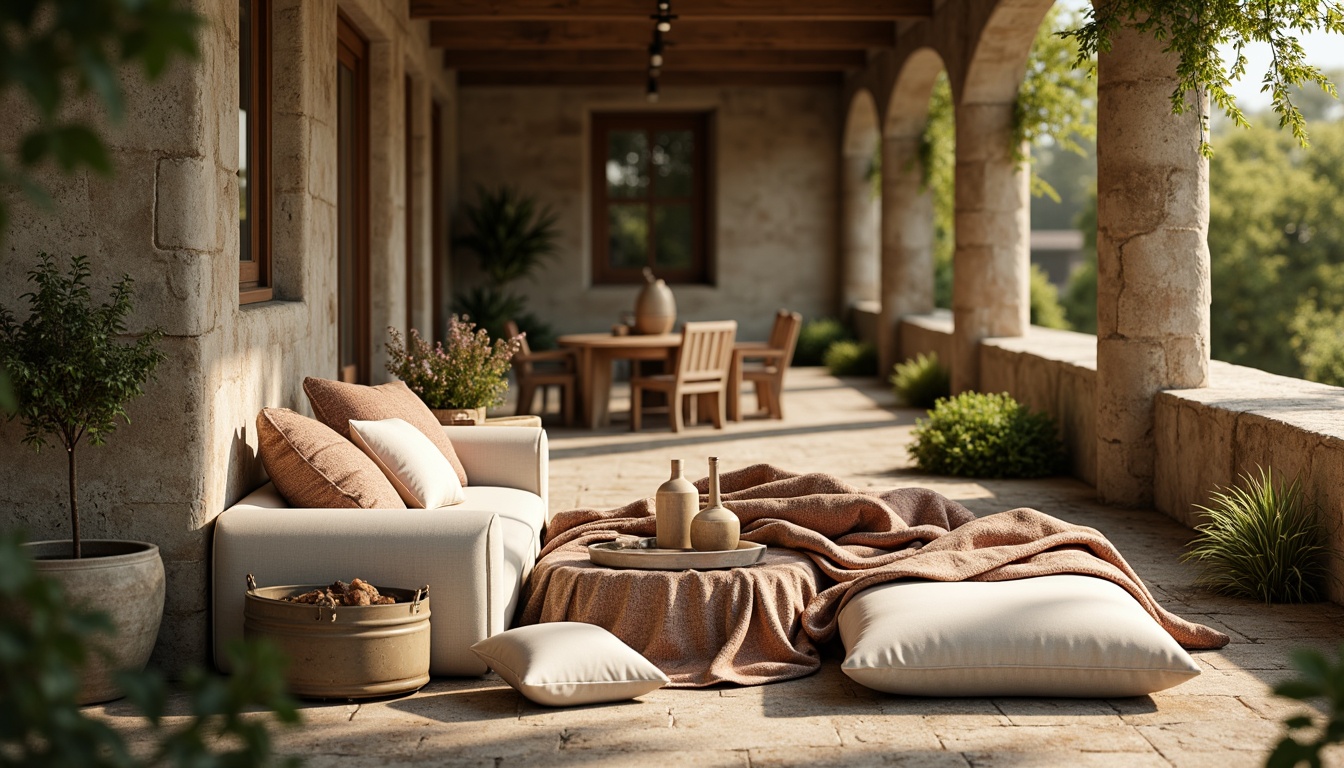 Prompt: Richly textured fabrics, warm earthy tones, soft muted hues, vintage inspired colors, distressed wood accents, natural linen textures, creamy whites, weathered stone walls, mossy greenery, warm golden lighting, shallow depth of field, 3/4 composition, realistic rendering, ambient occlusion.