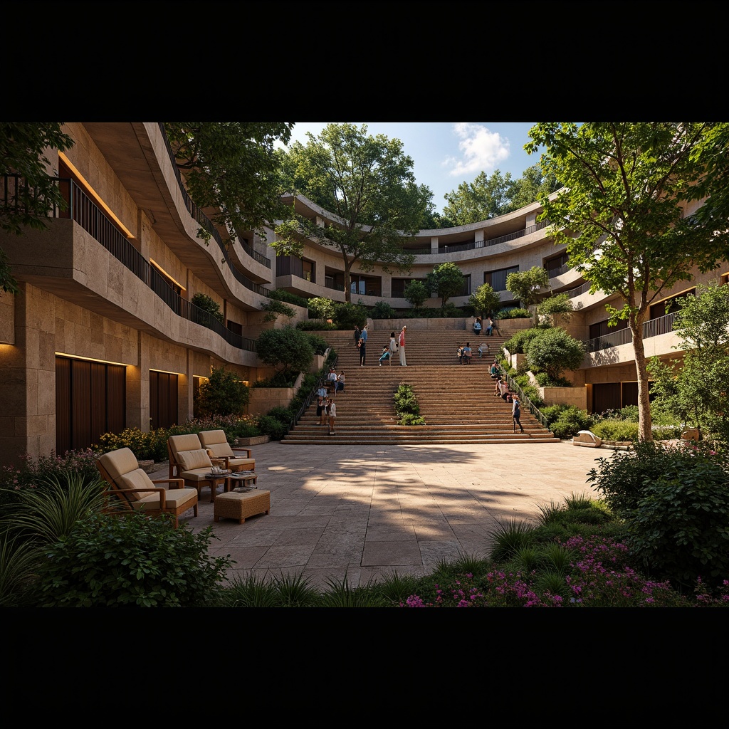 Prompt: Grand amphitheater, tiered seating, curved architecture, natural stone walls, lush greenery, vibrant flowers, warm LED lighting, polished wooden floors, comfortable cushions, ornate metal railings, dramatic spotlights, shallow depth of field, 3/4 composition, panoramic view, realistic textures, ambient occlusion.