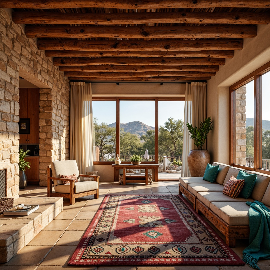 Prompt: Vibrant southwestern interior, abundant natural light, warm earthy tones, rough-hewn wooden beams, rustic stone walls, plush woven textiles, vibrant turquoise accents, geometric patterned rugs, traditional Native American motifs, cozy reading nooks, large windows, sliding glass doors, panoramic desert views, soft warm glow, shallow depth of field, 1/1 composition, realistic textures, ambient occlusion.