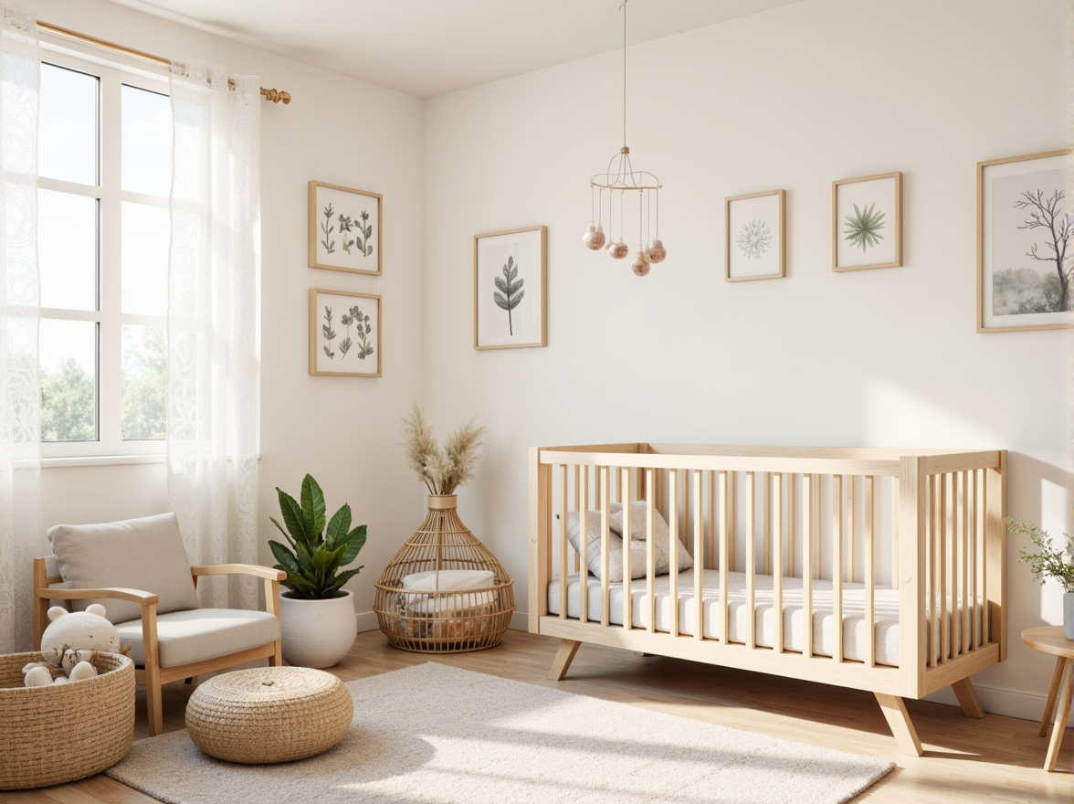 Prompt: Soft pastel colors, gentle curves, minimalist crib, simple mobiles, creamy white walls, light wood furniture, delicate lace curtains, plush area rug, natural woven baskets, subtle patterned bedding, sweet wooden toys, tender greenery, warm soft lighting, shallow depth of field, 1/1 composition, intimate atmosphere, realistic textures, ambient occlusion.