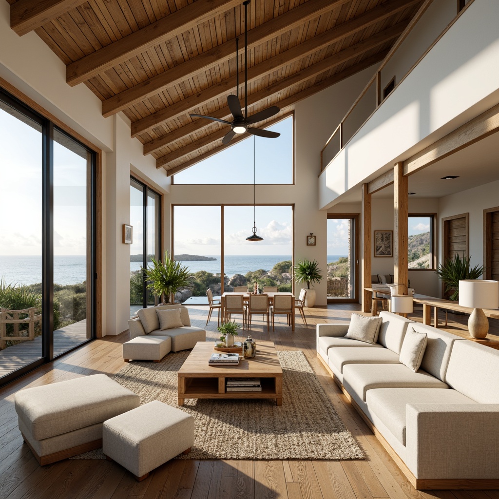 Prompt: Coastal style homes, open floor plans, airy living spaces, high ceilings, large windows, sliding glass doors, beachy vibe, natural materials, wooden accents, woven textiles, driftwood decorations, sea-inspired color palette, calming atmosphere, abundant natural light, soft warm glow, shallow depth of field, 1/2 composition, panoramic view, realistic textures, ambient occlusion.