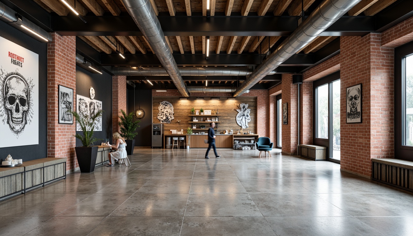 Prompt: Exposed brick walls, metal beams, reclaimed wood accents, industrial-style lighting fixtures, distressed concrete floors, corrugated metal panels, urban graffiti murals, raw steel columns, functional pipes, minimalist decor, neutral color palette, high ceilings, open spaces, natural light, 3/4 composition, shallow depth of field, realistic textures.