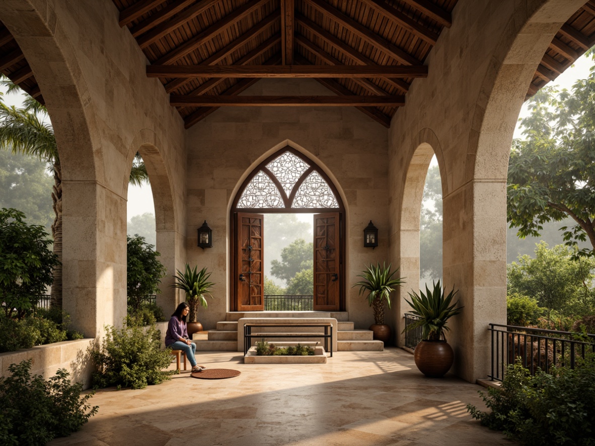 Prompt: Rustic religious architecture, earthy tones, natural stone walls, wooden beam ceilings, clay tile roofs, intricately carved wooden doors, stained glass windows, ornate metalwork, lush greenery surroundings, misty morning atmosphere, warm soft lighting, shallow depth of field, 3/4 composition, panoramic view, realistic textures, ambient occlusion.