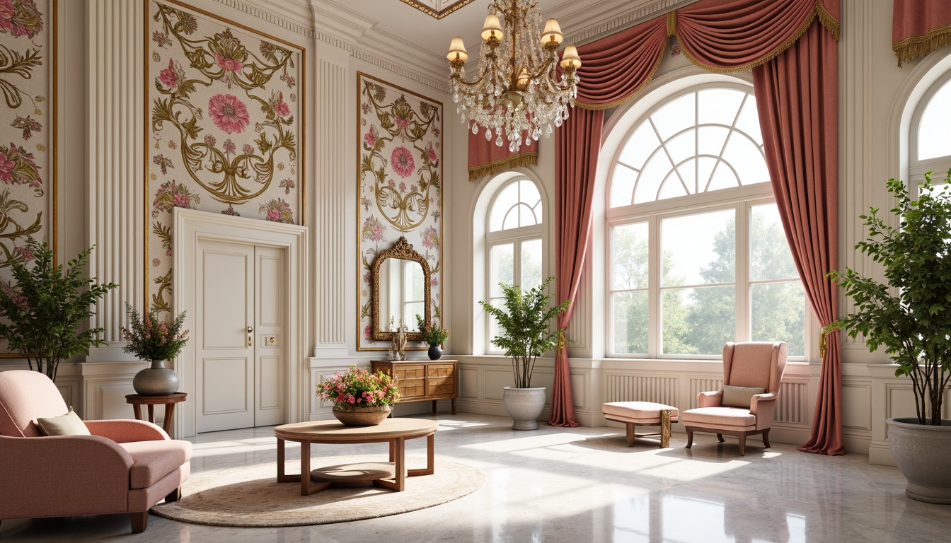 Prompt: Intricate ornate tiles, pastel color palette, soft gold accents, delicate florals, whimsical curves, ornamental borders, luxurious marble floors, Rococo-inspired motifs, lavish decorations, elegant furnishings, velvet drapes, crystal chandeliers, warm candlelight, shallow depth of field, 1/1 composition, realistic textures, ambient occlusion.