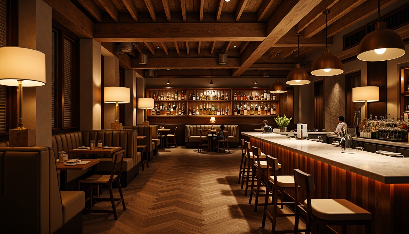 Prompt: Elegant bar interior, luxurious atmosphere, warm ambient lighting, pendant lamps, metal shades, wooden accents, dimmable LED lights, cozy corner booths, stylish stools, marble countertops, rich wood tones, subtle color palette, soft warm glow, 1/2 composition, shallow depth of field, realistic textures, ambient occlusion.