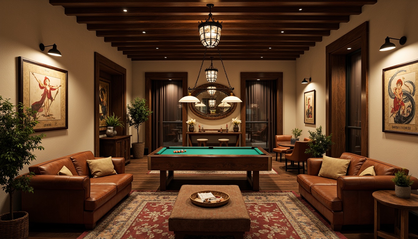 Prompt: Warm Mediterranean game room, rustic wooden accents, distressed leather furniture, vintage posters, ornate metal lanterns, wrought iron chandeliers, pendant lights with glass shades, recessed ceiling lighting, warm beige walls, dark wood paneling, plush area rugs, comfortable seating areas, ambient soft glow, warm color temperature, 1/1 composition, intimate atmosphere, realistic textures.