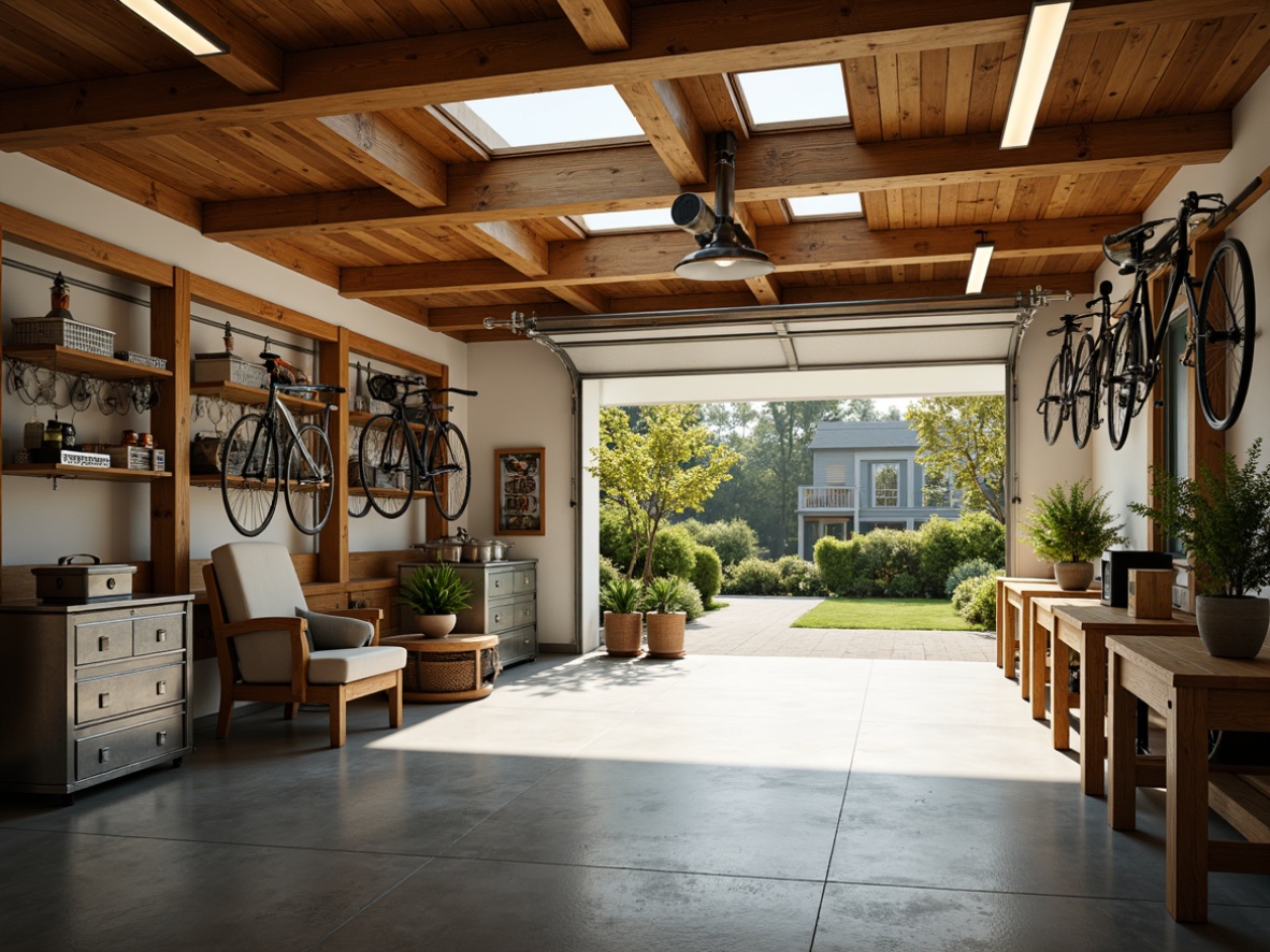 Prompt: Cozy family garage, warm yellow lighting, rustic wooden accents, metallic toolboxes, suspended bicycles, sports equipment storage, epoxy resin flooring, industrial-style pendant lamps, LED strip lights, softbox diffusers, overhead fluorescent fixtures, natural light pouring in through skylights, bright white walls, polished concrete floors, modern minimalist decor, ample storage spaces, organized workbenches, ergonomic seating areas, refreshing greenery, sunny afternoon ambiance, 1/2 composition, subtle shadows, realistic reflections.