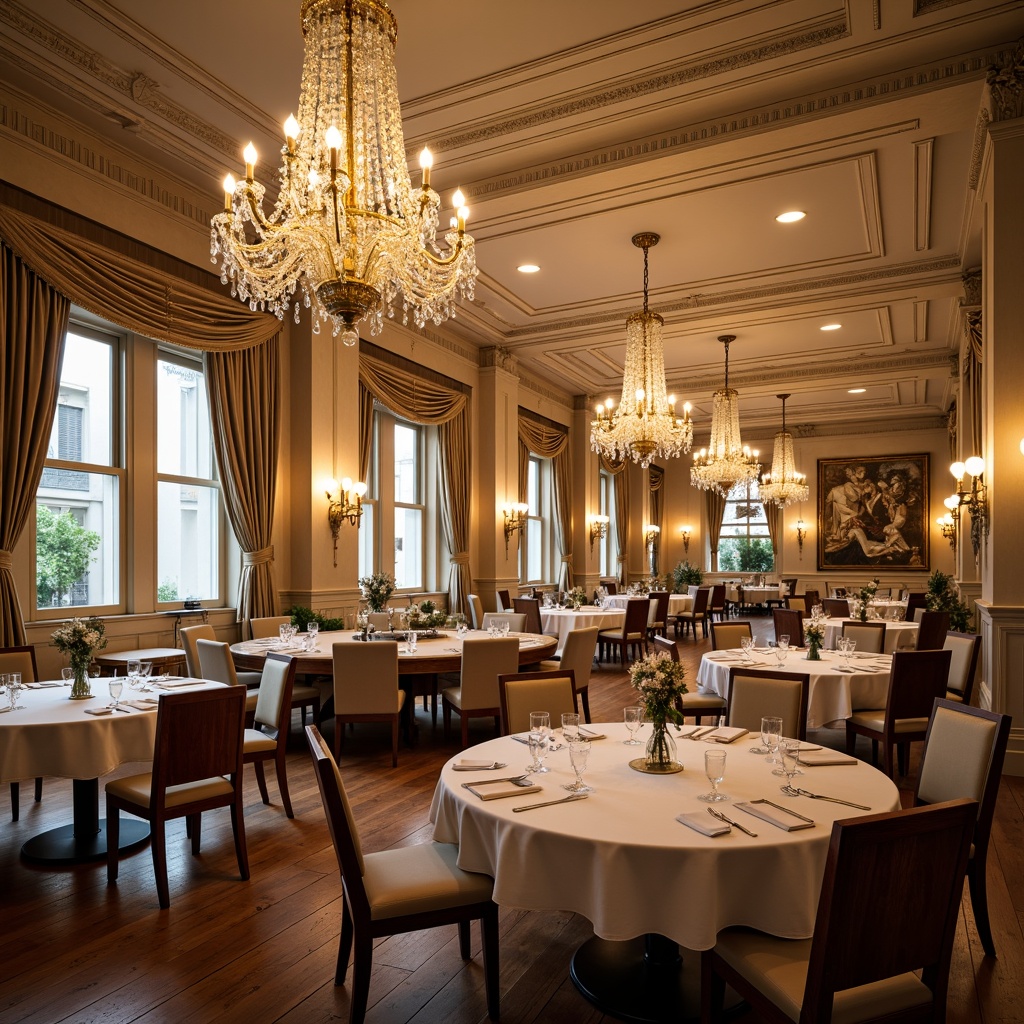 Prompt: Elegant chandeliers, rich wood paneling, cream-colored walls, ornate moldings, polished wooden floors, circular tables, comfortable seating, white tablecloths, fine china, crystal glasses, formal place settings, stately columns, high ceilings, large windows, soft warm lighting, shallow depth of field, 3/4 composition, panoramic view, realistic textures, ambient occlusion.