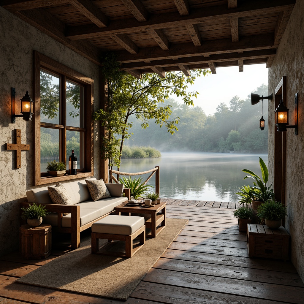 Prompt: Weathered wooden planks, rusty metal accents, vintage nautical elements, distressed stone walls, earthy color palette, natural textures, rough-hewn beams, reclaimed wood furniture, lantern-style lighting, soft warm glow, misty morning atmosphere, serene lake surroundings, lush greenery, overhanging branches, water-level perspective, shallow depth of field, 2/3 composition, cinematic mood, realistic render.