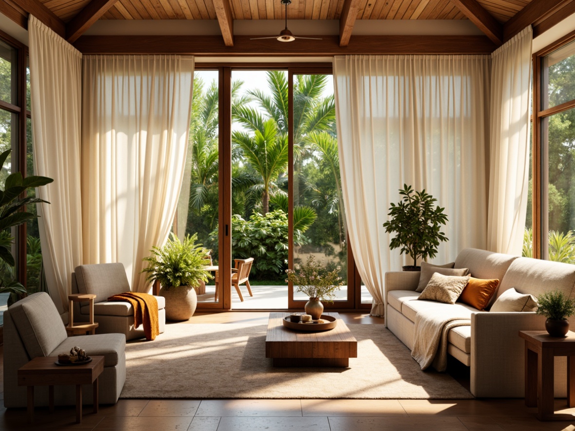 Prompt: Elegant sunroom, stylish window treatments, flowing drapery, sheer curtains, natural linen fabrics, soft folds, billowy textures, warm golden lighting, inviting ambiance, lush greenery views, tropical plants, sliding glass doors, modern minimalist frames, sleek metallic hardware, subtle patterns, gentle breeze, cozy nooks, plush furnishings, vibrant accent colors, 1/1 composition, shallow depth of field, realistic reflections.