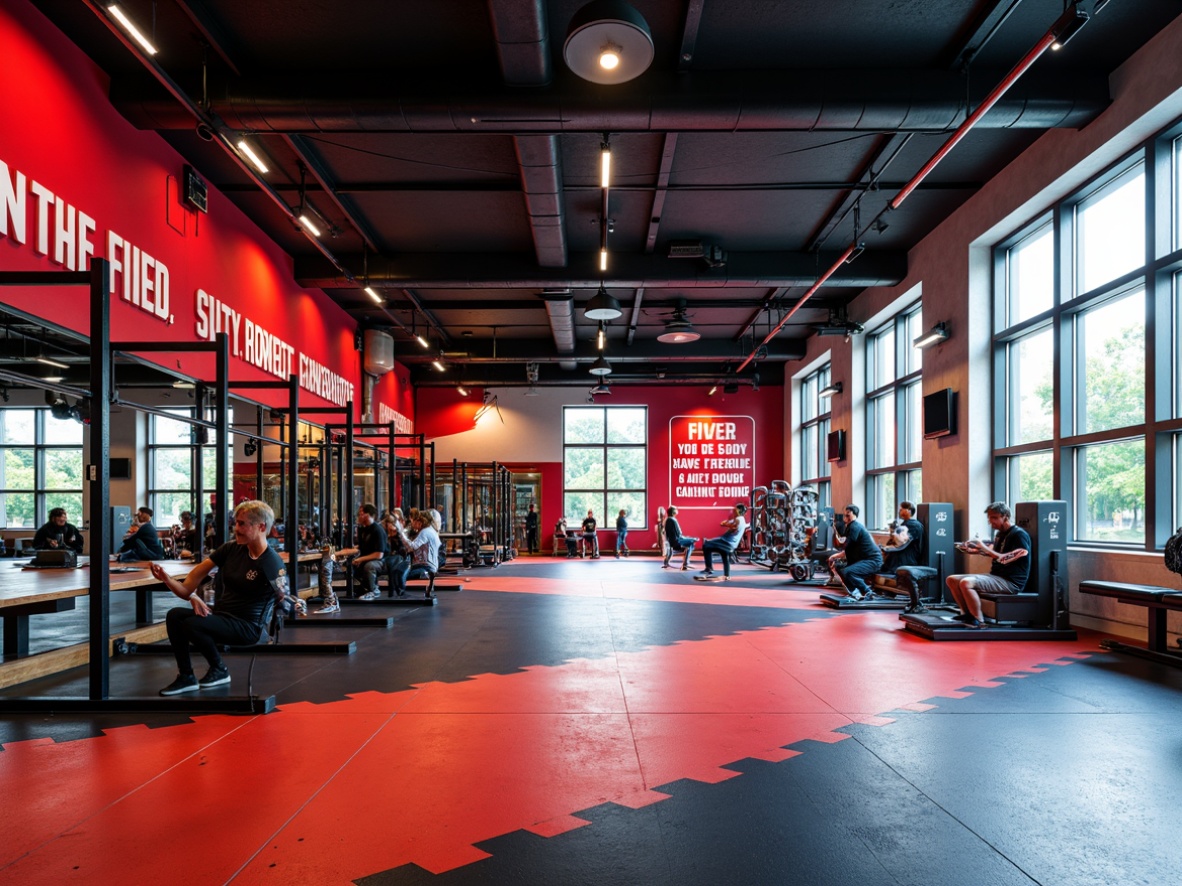 Prompt: Vibrant gym interior, bold color scheme, motivational quotes, sleek metal equipment, rubber flooring, modern LED lighting, energetic atmosphere, dynamic shapes, abstract patterns, contrasting textures, youthful vibes, sporty accents, bright accent walls, industrial materials, urban feel, high ceilings, open spaces, natural light pouring in, shallow depth of field, 3/4 composition, realistic textures, ambient occlusion.