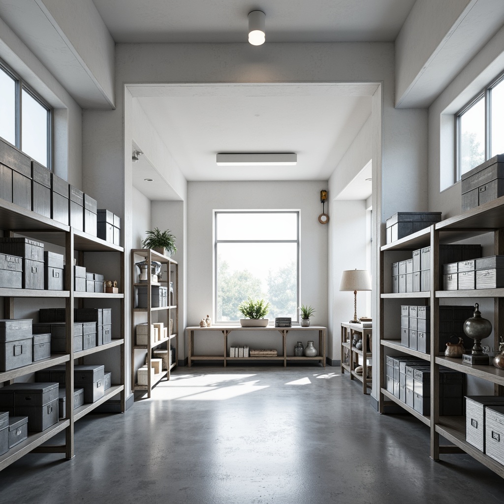 Prompt: Monochromatic storage room, industrial metal shelving, sleek minimalist design, functional Bauhaus architecture, concrete floors, white walls, sparse decor, geometric patterns, clean lines, rectangular shapes, abundant natural light, soft diffused lighting, shallow depth of field, 1/1 composition, realistic textures, ambient occlusion, organized storage spaces, labeled containers, industrial-style lamps, metallic accents.