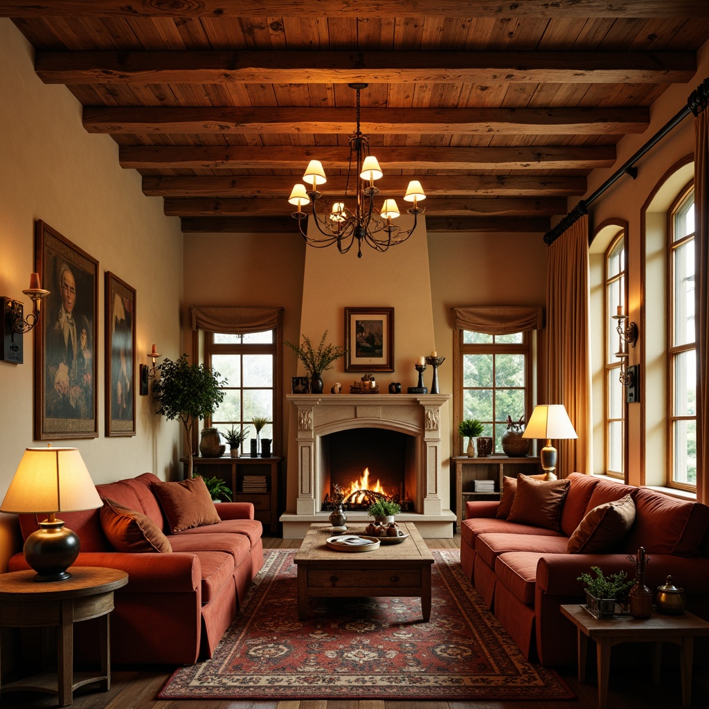 Prompt: Cozy family room, French country style, warm beige walls, rustic wooden beams, elegant chandeliers, soft candlelight, table lamps, floor lamps, warm golden lighting, rich velvet fabrics, plush sofas, distressed wood furniture, vintage decorative items, natural stone fireplace, crackling fire, autumn evening, warm color palette, shallow depth of field, 1/1 composition, realistic textures, ambient occlusion.