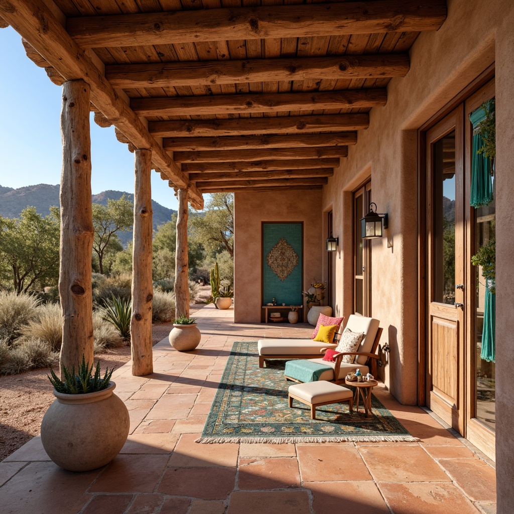 Prompt: Southwestern adobe villa, earthy wood accents, rustic wooden doors, reclaimed wooden beams, warm terracotta floors, vibrant turquoise decorations, colorful woven textiles, natural stone walls, desert landscape, cacti plants, clear blue sky, sunny day, soft warm lighting, shallow depth of field, 3/4 composition, panoramic view, realistic textures, ambient occlusion.