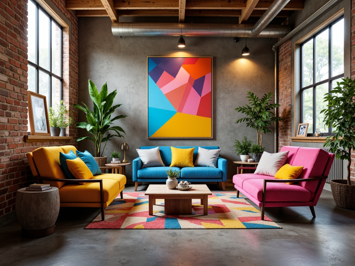 Prompt: Vibrant art studio, eclectic furniture arrangement, bold color blocking, geometric shapes, abstract artwork, modern industrial decor, exposed brick walls, polished concrete floors, sleek metal accents, natural light pouring in, soft warm glow, shallow depth of field, 1/1 composition, realistic textures, ambient occlusion.