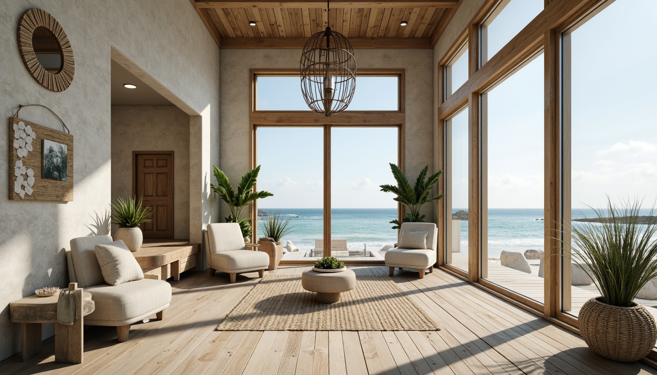 Prompt: Driftwood-inspired hardwood floors, weathered wooden planks, bleached oak textures, natural fiber rugs, jute carpets, sisal matting, woven sea grass patterns, soft blue-green hues, ocean-breeze color palette, beachy vibes, distressed finishes, reclaimed wood accents, shell-shaped decorative tiles, pebble-inspired mosaics, sunny day ambiance, soft warm lighting, shallow depth of field, 3/4 composition, panoramic view.