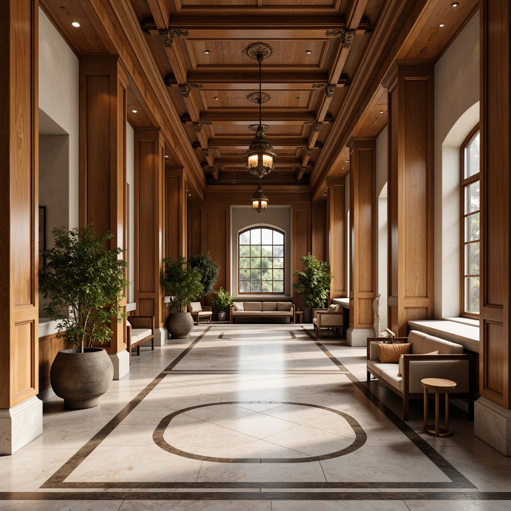 Prompt: Rich wood tones, neutral beige walls, elegant marble floors, ornate bronze fixtures, stately columns, vaulted ceilings, traditional furnishings, dignified atmosphere, warm natural light, subtle shadows, 1/2 composition, shallow depth of field, soft focus, realistic textures, ambient occlusion.