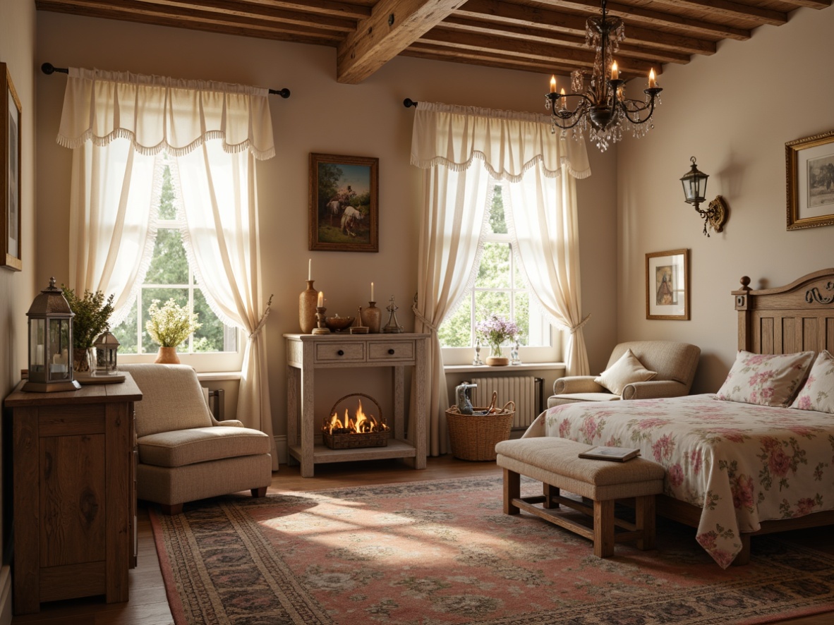 Prompt: Soft, warm ambiance, vintage chandelier, distressed wood furniture, floral patterned bedding, lace curtains, pastel color palette, candlelit atmosphere, rustic metal lanterns, textured area rugs, natural fiber upholstery, woven baskets, antique decor, subtle shine, warm beige tones, layered window treatments, relaxed, calming mood, morning sunlight, gentle glow, 1/1 composition, soft focus, intimate setting.