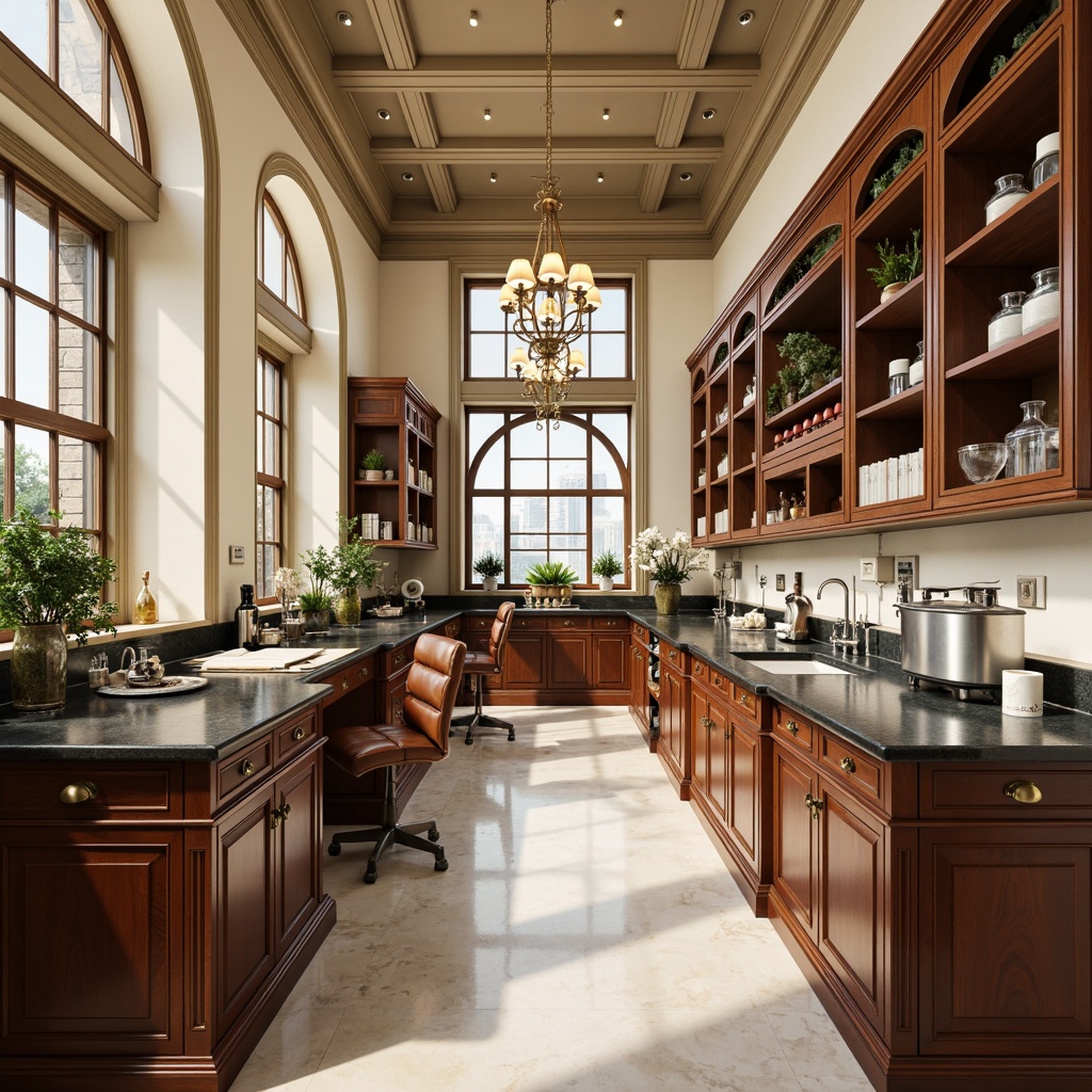 Prompt: Elegant laboratory furniture, rich wood tones, ornate metal accents, neoclassical arches, sophisticated lighting fixtures, premium leather upholstery, sleek glass countertops, antique-inspired hardware, refined cabinetry, precision instrumentation, stainless steel equipment, high-gloss finishes, cream-colored walls, polished marble floors, grand chandeliers, softbox lighting, 1/2 composition, shallow depth of field, warm ambient illumination.